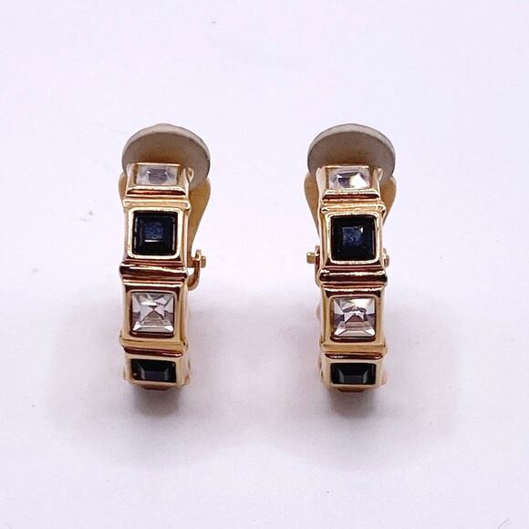 Swarovski Vintage Clip On Earrings Hoops with Black and White Crystals 1” - Picture 2 of 7